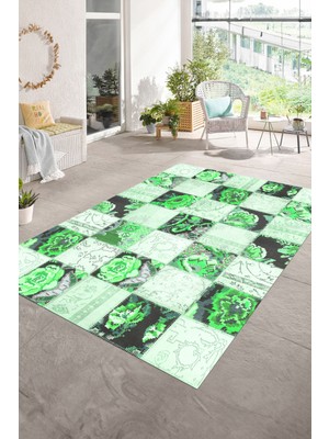 Napoli Home Dijital Baskı Kaymaz Taban Yıkanabilir Patchwork Yolluk Mutfak Salon Halısı, N-Patchwork-19-Yeşil,