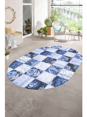 Napoli Home Dijital Kaymaz Yıkanabilir Patchwork Oval Yolluk Mutfak Salon Halısı, N-O-Patchwork-19-Mavi,