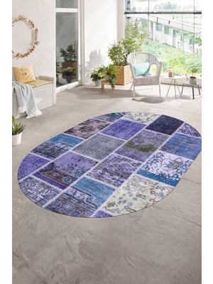 Napoli Home Dijital Kaymaz Yıkanabilir Patchwork Oval Yolluk Mutfak Salon Halısı, N-O-Patchwork-04-Mavi,