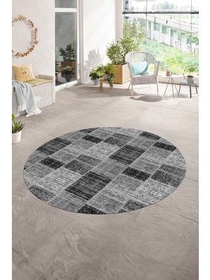 Napoli Home Dijital Kaymaz Yıkanabilir Patchwork Yuvarlak Balkon Mutfak Salon Halısı, N-Y-Patchwork-07-Gri,