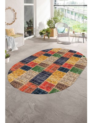 Napoli Home Dijital Kaymaz Yıkanabilir Patchwork Oval Yolluk Mutfak Salon Halısı, N-O-Patchwork-07-Renkli,