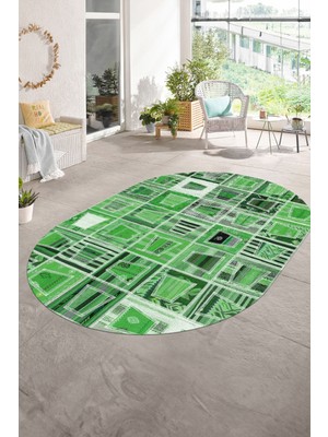 Napoli Home Dijital Kaymaz Yıkanabilir Patchwork Oval Yolluk Mutfak Salon Halısı, N-O-Patchwork-11-Yeşil,