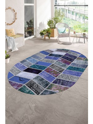 Napoli Home Dijital Kaymaz Yıkanabilir Patchwork Oval Yolluk Mutfak Salon Halısı, N-O-Patchwork-10-Mavi,