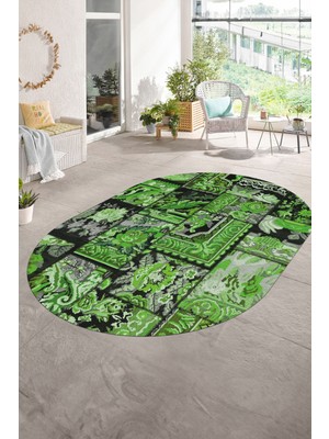 Napoli Home Dijital Kaymaz Yıkanabilir Patchwork Oval Yolluk Mutfak Salon Halısı, N-O-Patchwork-12-Yeşil,