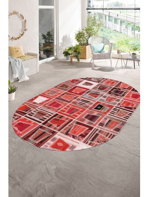 Napoli Home Dijital Kaymaz Yıkanabilir Patchwork Oval Yolluk Mutfak Salon Halısı, N-O-Patchwork-11-Kırmızı,