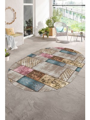 Napoli Home Dijital Kaymaz Yıkanabilir Patchwork Oval Yolluk Mutfak Salon Halısı, N-O-Patchwork-18-Renkli,