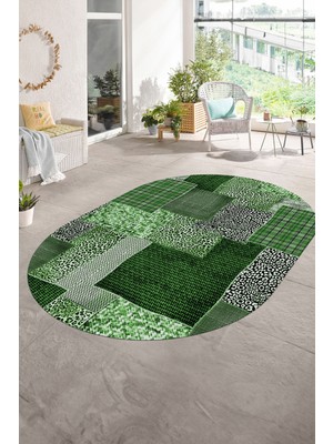 Napoli Home Dijital Kaymaz Yıkanabilir Patchwork Oval Yolluk Mutfak Salon Halısı, N-O-Patchwork-15-Yeşil,