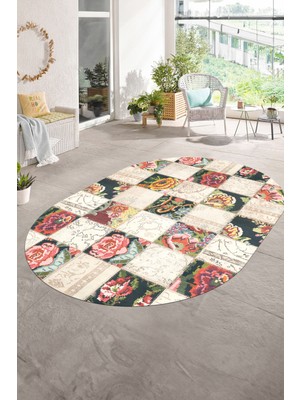 Napoli Home Dijital Kaymaz Yıkanabilir Patchwork Oval Yolluk Mutfak Salon Halısı, N-O-Patchwork-19-Renkli,