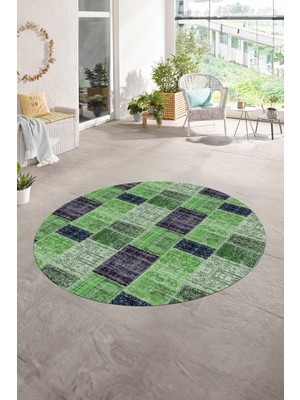 Napoli Home Dijital Kaymaz Yıkanabilir Patchwork Yuvarlak Balkon Mutfak Salon Halısı, N-Y-Patchwork-07-Yeşil,
