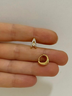 Ares Collection Iki Sıra Zirkon Taşlı Tragus Helix Kıkırdak Kulak Memesi Uyumlu Halka Piercing Küpe (1 Adet )