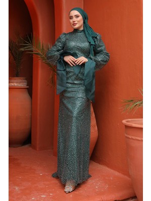 İmaj Butik Zümrüt Yeşili Pullu Kol Detaylı Abiye