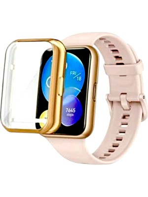FirstModel Huawei Watch Fit 2 Uyumlu Silikon Ekran ve Kasa Koruyucu Rose Gold
