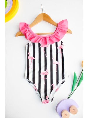 Lolli Boom Kids  Kız Çocuk Flamingo Desen Fırfır Yaka Siyah Beyaz Çizgili Pembe Detaylı Mayo Yeni Sezon