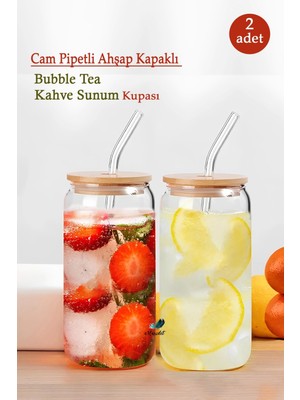 Maridet Bambu Kapaklı Isıya Dayanıklı Cam Pipetli 550 ml Meşrubat Kahve Sunum Bardağı | 4 Adet