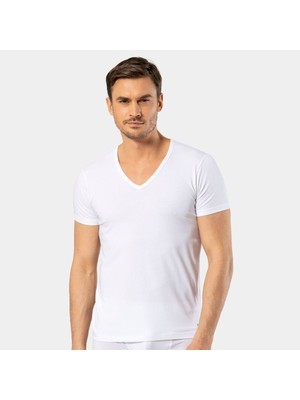 Nazik Endam Cacharel Erkek Derin V Yaka Likralı T-Shirt 1306/BEYAZ