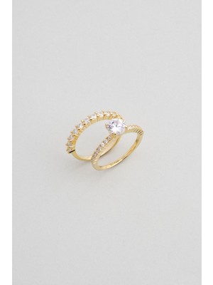 So CHIC Pure Love 18 Ayar Sarı Altın Kaplama Gümüş İkili Tektaş Yüzük