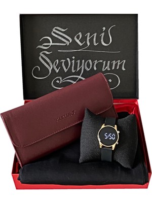 Spectrum Kadın Siyah Dijital Kol Saati-Penye Şal-Bordo Cüzdan Hediye Set