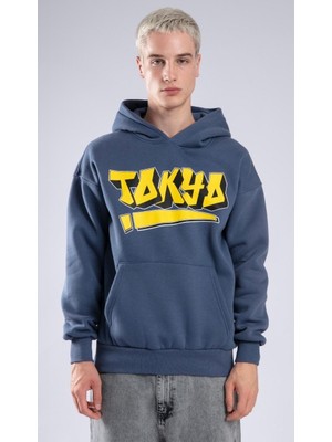 Catch Unisex Oversize Tokyo Baskılı Kapüşonlu Sweatshirt Mavi K-454