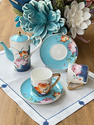 Rossev Türk Kahve Fincanı Garden Blue 2 Kişilik 5 Parça