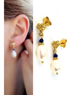 Ose Shop  Lapis ve Incili 925AYAR Gümüş Üzerine Altın Kaplama Tasarım Küpe