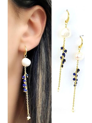 Ose Shop  Barok Incili Lapis Lazuli Taşlı 925AYAR Gümüş Üzerine Altın Kaplama Tasarım Doğal Taş Küpe