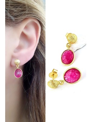 Ose Shop  Pembe Turmalin Taşlı 925AYAR Gümüş Üzerine Altın Kaplama Tasarım Doğal Taş Küpe