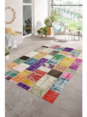 Napoli Home Dijital Baskı Kaymaz Taban Yıkanabilir Patchwork Yolluk Mutfak Salon Halısı, N-Patchwork-03-Renkli,