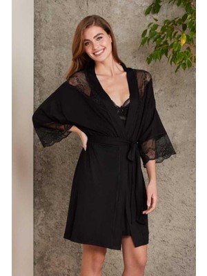 Pierre Cardin Penye Dantelli Gecelik Sabahlık Takım 4010 Siyah