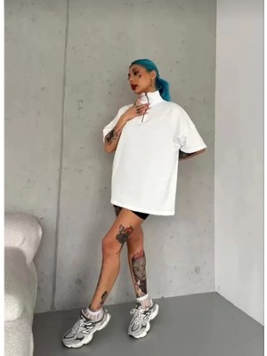 Alinn Butikk Unisex Yarım Fermuarlı Düz Oversize T-Shirt - Beyaz