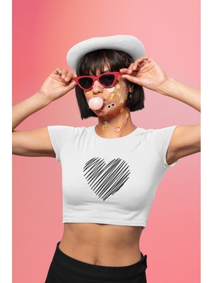 Fuddy Moda Karalama Kalp Baskılı Crop Top, Kadın Kalp Baskılı Crop Bluz