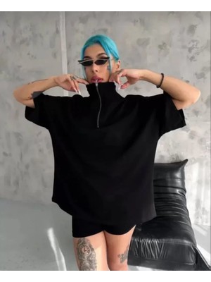 Stil Aura Unisex Yarım Fermuarlı Düz Oversize T-Shirt - Siyah