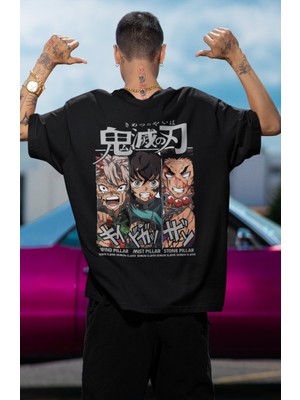 Fuddy Moda Oversize Demon Slayer Pillars Sırt Baskılı T-Shirt, Unisex Anime Baskılı Tişört