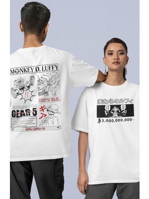 Fuddy Moda Unisex Luffy Gear 5 Sırt Baskılı Tişört, Oversize Ön Arka Anime Baskılı Tshirt