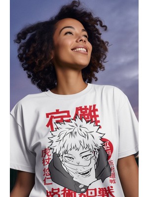 Fuddy Moda Oversize V8 Jujutsu Kaisen Tişört, Unisex Anime Baskılı T-Shirt