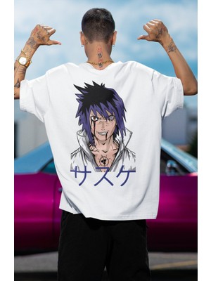 Fuddy Moda Oversize Uchiha Sasuke Sırt Baskılı T-Shirt, Unisex Anime Baskılı Tişört