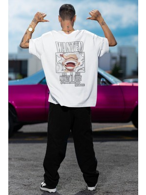 Fuddy Moda Unisex Sırt Baskılı Monkey D Luffy Tişört, Oversize One Piece Baskılı Anime T-Shirt