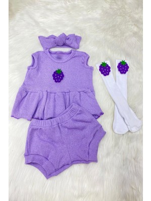 Adabebek Sezon Lila Renkli Bandana ve Çorap Aksesuarlı Ribana Şortlu Takım Kız Çocuklar İçin