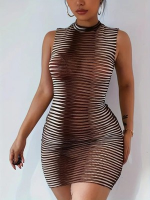 YS Innovation Kadın Kolsuz Desenli Mini Bodycon Dalgıç Elbise