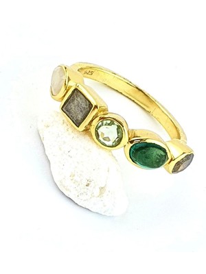 Ose Shop Ay taşı labrodorite  Aquamarin  peridot Taşlı 925ayar Gümüş Üzerine Altın Kaplama Tasarım Doğal Taş Yüzük