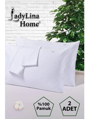 Ladylina Home 2'Li Lüx  Pamuk Beyaz Çizgili Saten 50 x 70 Yastık Kılıfı