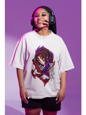 Fuddy Moda Unisex Kokushibo Baskılı Tişört, Oversize Demon Slayer Baskılı Anime T-Shirt