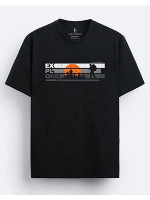 Alex Rosen Oversize Bisiklet Yaka Explore Baskılı Kısa Kollu Siyah T-Shirt