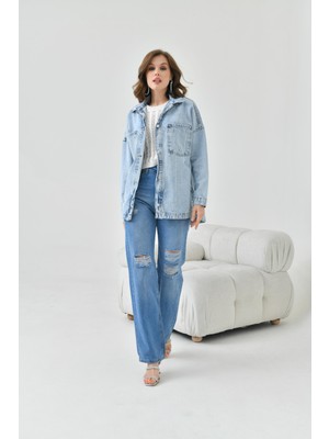 Ftz Women Kadın Taşlı Jean Ceket Mavi RBN5014