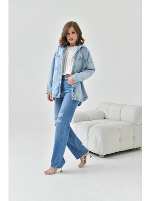 Ftz Women Kadın Taşlı Jean Ceket Mavi RBN5014