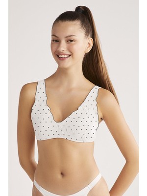 Nazik Endam Kom Polka Puantiyeli Fırfırlı Sütyen Beyaz