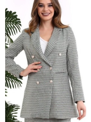 Tane Tasarım Kadın Kruvaze Uzun Blazer Ceket Ekoseli Renkli Blazer Ceket