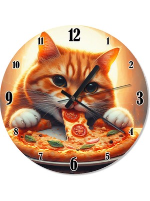 Tablomega Pizza Yiyen Sevimli Kedi Akarlı Duvar Saati