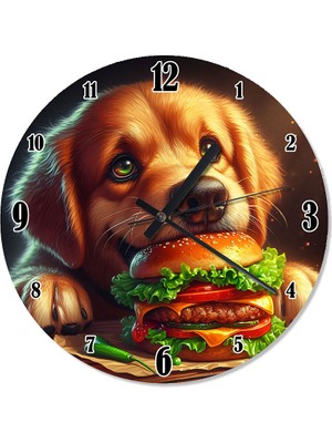 Tablomega Sevimli Köpek ve Hamburger Baskılı Duvar Saati