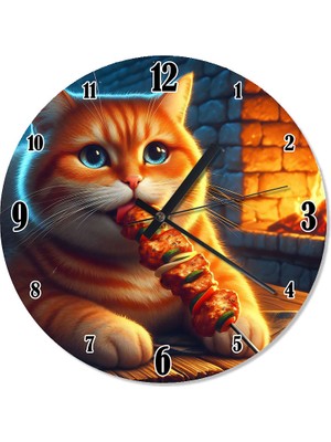 Tablomega Şiş Kebap Yiyen Sarman Kedi Akarlı Duvar Saati