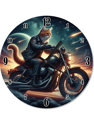 Tablomega Deri Montlu Motorcu Kedi Sessiz Duvar Saati